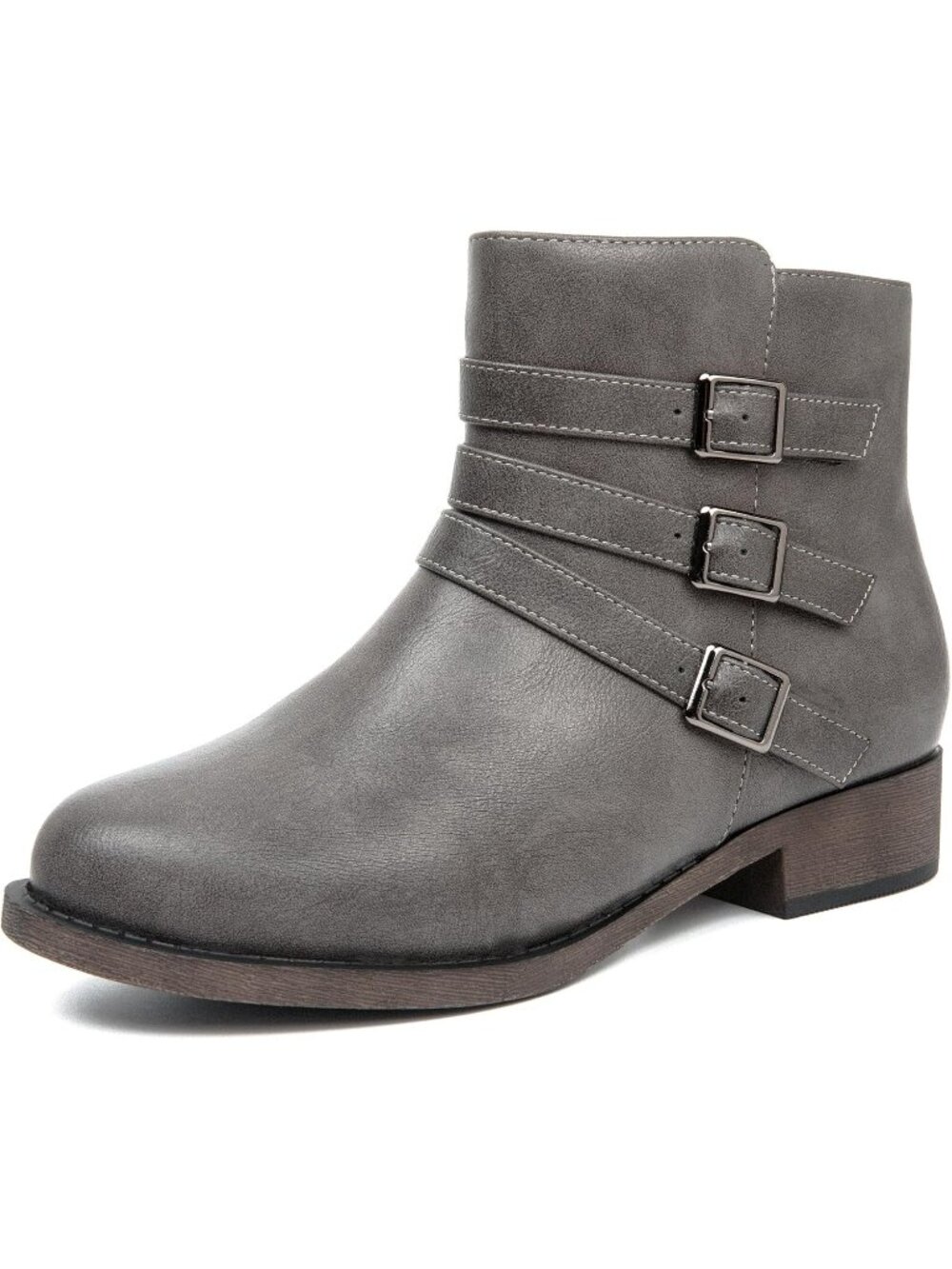Women's Grey Ankle Boots Chunky Heel Zipper Booties Faux Leather Round Toe